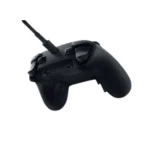 Black wired game controller viewed from above, showing two analog sticks and shoulder buttons.