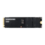 Samsung ssd in m. 2 form factor (nvme) with gold edge connector and black pcb.