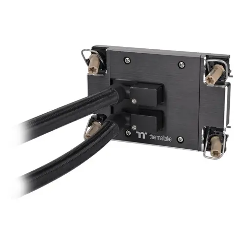 Thermaltake aw420 aio cpu liquid cooler Thermaltake liquid cooling block with two braided tubes entering from the left and right.