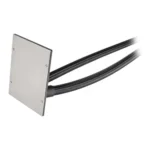 Square metal mounting plate with two black flexible cables entering from the right side (cable conduits).