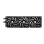 Triple 120mm computer liquid-cooling radiator with three fans and two tubes on the left.