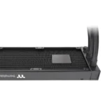 Black pc water-cooling radiator with braided tubes on the right; thermaltake branding visible on the side.