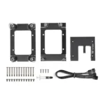 Pcie expansion/mounting kit: includes two metal brackets, a spacer plate, a smaller bracket, screw set, a white connector piece, and a power cable for securing and wiring components in a pc or server.