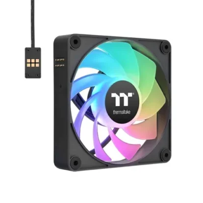 Thermaltake 120mm rgb pc case fan with multi‑color leds and a small controller plug