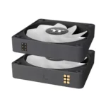 Two white 120mm computer case fans stacked in black frames, viewed from an angled side, with gold connector pins visible on the sides.
