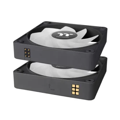 Two white 120mm computer case fans stacked in black frames, viewed from an angled side, with gold connector pins visible on the sides.