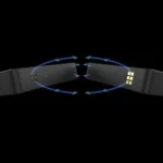 Flexible wearable band with left connector and right gold contact pad; blue circular arrows suggest a reversible connection or data transfer.