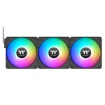 Triple-pack of thermaltake rgb case fans with multicolor led rings, aligned in a row with a cable on the left.