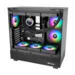 Mid-tower pc with a side panel showing rgb-lit fans and a water-cooling loop inside a dark case, brand visible at bottom front area.