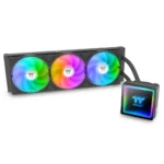 All-in-one rgb cpu cooler with a three-fan radiator and square rgb pump block connected by a tubing line