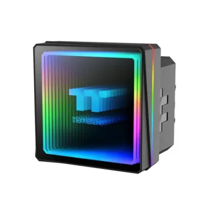Square RGB-lit computer component with multicolor edge lighting and a blue 3D logo, shown on a white background.