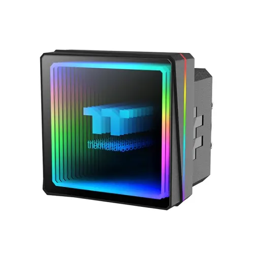 Thermaltake th360 v3 argb sync aio cpu liquid cooler black Square rgb-lit computer component with multicolor edge lighting and a blue 3d logo, shown on a white background.