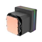 Cpu air cooler with copper base and black heatsink, rgb-lit edge strip visible. (informative product image)