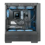 Mid-tower pc with blue led case fans, a water cooling loop, and a geforce rtx graphics card visible inside the case.