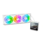 Triple‑fan rgb liquid cpu cooler with a white radiator and tubing, used to cool a computer processor.