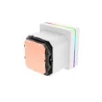 White cpu air cooler with copper base plate and rgb edge lighting, shown at an angled view