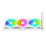White 360mm cpu liquid cooling radiator with three rgb-lit fans and a tubing connection on the right.