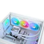 White custom-built pc interior with three rgb-lit fans, frosted tubing, and a small display panel showing system metrics.