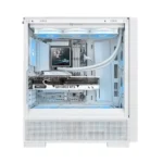 White computer case with a transparent side panel revealing a liquid cooling loop, blue fans, and a geforce rtx graphics card inside.
