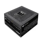 Black thermaltake toughpower pf3-1200w pc power supply with vented top and side port labeling.