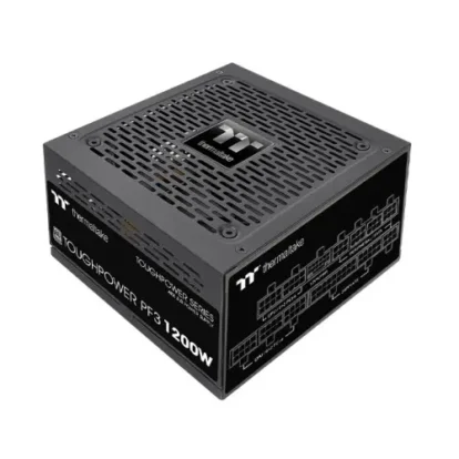 Black thermaltake toughpower pf3-1200w pc power supply with vented top and side port labeling.