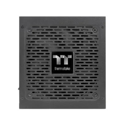 Thermaltake power supply unit with a perforated vent grille and centered logo on the front panel