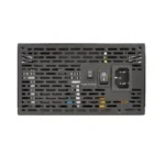 Rear of a black power supply with ventilation slots, an on/off switch labeled smart zero fan, and an iec power inlet.