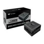 Thermaltake toughpower pf3 1200w fully modular power supply with black and gray packaging box beside it.