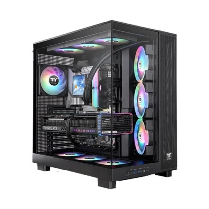 Mid-tower gaming pc with a glass side panel, rgb cooling fans, and a visible gpu and motherboard as inside-the-case components are shown.