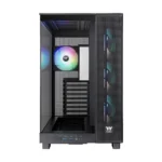 Mid-tower pc case with a tempered glass side panel and rgb-lit fans visible inside the chassis.