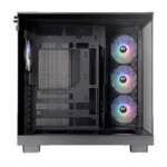 Black mid-tower pc case with a transparent side panel removed, revealing three rgb fans on the front-right and an open internal motherboard tray with expansion slots.