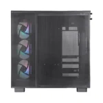 Black mid-tower pc case with three rgb fans visible through a side mesh panel on the left and a stepped motherboard/drive area on the right.