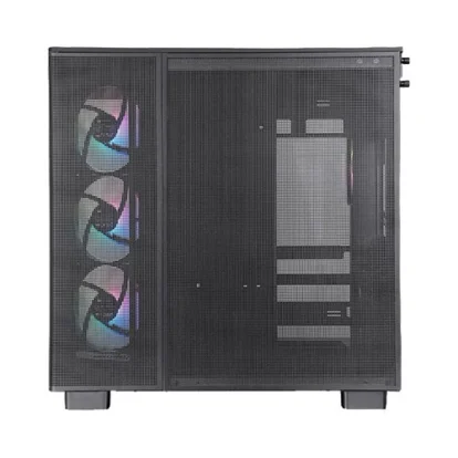 Black mid-tower pc case with three rgb fans visible through a side mesh panel on the left and a stepped motherboard/drive area on the right.