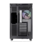 Black mid‑tower pc case seen from the back, showing expansion slots, i/o opening, and a rainbow‑colored rear exhaust fan behind a perforated panel.