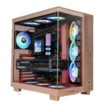 Transparent-side gaming pc case with rgb-lit fans, water cooling, and a geforce rtx graphics card visible inside.