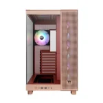 Rose-gold mid-tower pc case with tempered glass side panel, rgb-lit fan inside, and a perforated front panel