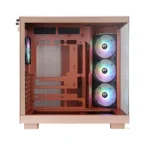 Rose-gold mid-tower pc case with three rainbow rgb fans visible at the front and an empty motherboard tray inside