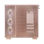 Rose-gold mid-tower pc case with mesh panels and visible cooling fans on the left side and drive bays on the right side windowed panel.