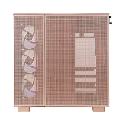 Rose-gold mid-tower pc case with mesh panels and visible cooling fans on the left side and drive bays on the right side windowed panel.