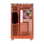 Front view of an orange computer case with a large multicolored cooling fan visible through perforated metal panels.