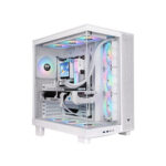 White mid-tower gaming pc with the side panel removed, showing rgb-lit fans, liquid cooling tubes, and a radeon gpu inside