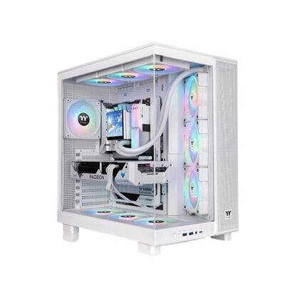 White mid-tower gaming pc with the side panel removed, showing rgb-lit fans, liquid cooling tubes, and a radeon gpu inside