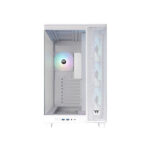 White computer case with a transparent side panel; three rgb fans on the front and one rgb exhaust fan visible inside.