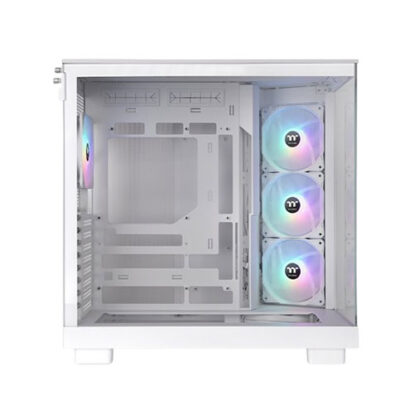 White mid-tower pc case with three rgb-lit fans visible on the front panel and empty interior.