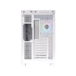 White pc tower viewed from the back with ventilation grills, expansion slots, and a rear rgb-lit fan area.