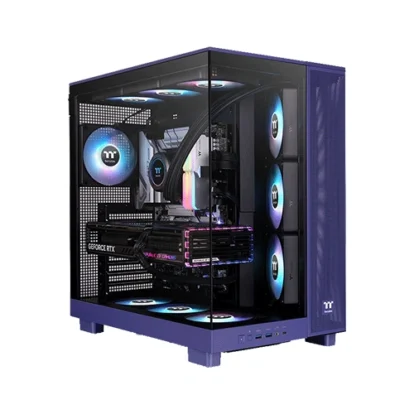 Purple computer tower with a transparent side panel showing rgb-lit cooling fans and a graphics card inside.