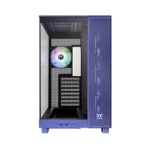 Blue mid-tower pc case with a transparent side panel, rgb-lit rear fan, and front usb ports.