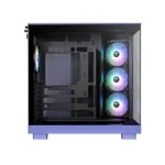 Purple pc case with side panel removed, revealing three rgb cooling fans at the front and an empty drive bay area inside