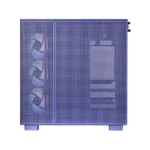 Purple pc case with a mesh front showing three cooling fans on the left and a side panel revealing internal components on the right (server-style tower).