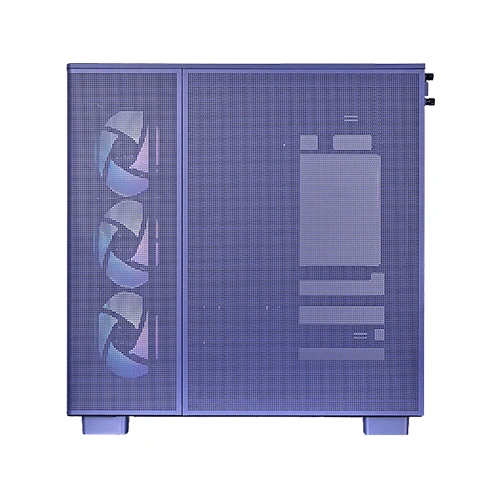 Thermaltake view 380 xl tg future dusk argb atx mid tower cabinet (ca-11e-00mnwn-00) Purple pc case with a mesh front showing three cooling fans on the left and a side panel revealing internal components on the right (server-style tower).